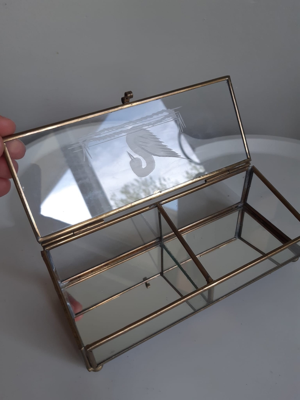 Vintage Glass and Brass Divided Jewelry Box with Etched Swan
